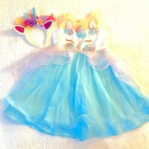 Unicorn Princess Costume Girls Size 6x-7, Blue, White, Mesh with Headband (Ears)